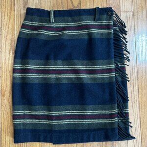 Vintage Wool Wrap Mini Skirt – Western Blue Blanket Stripe w/ Fringe - Sz 8